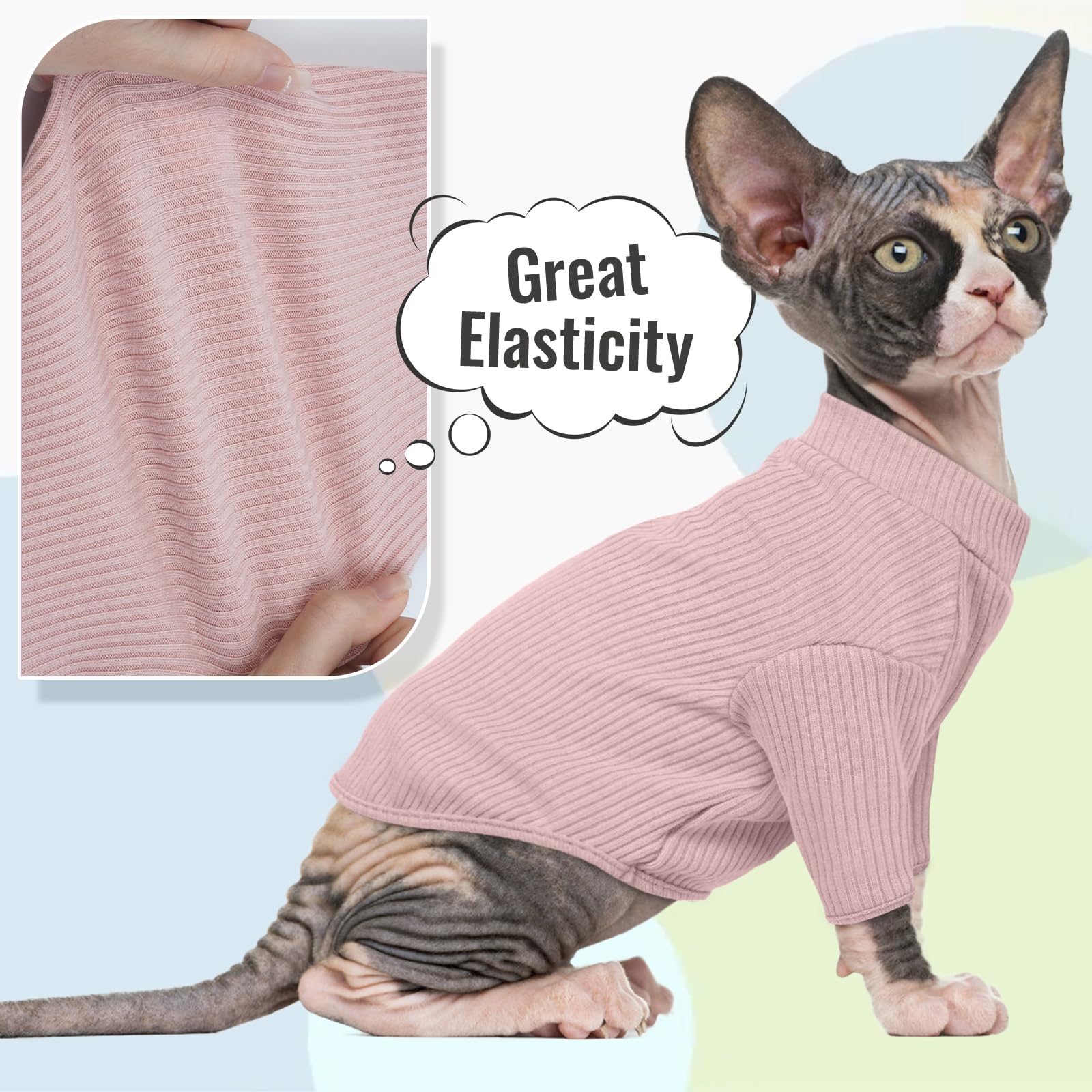 DENTRUN hairless cat shirt highlighting the turtleneck neckline.