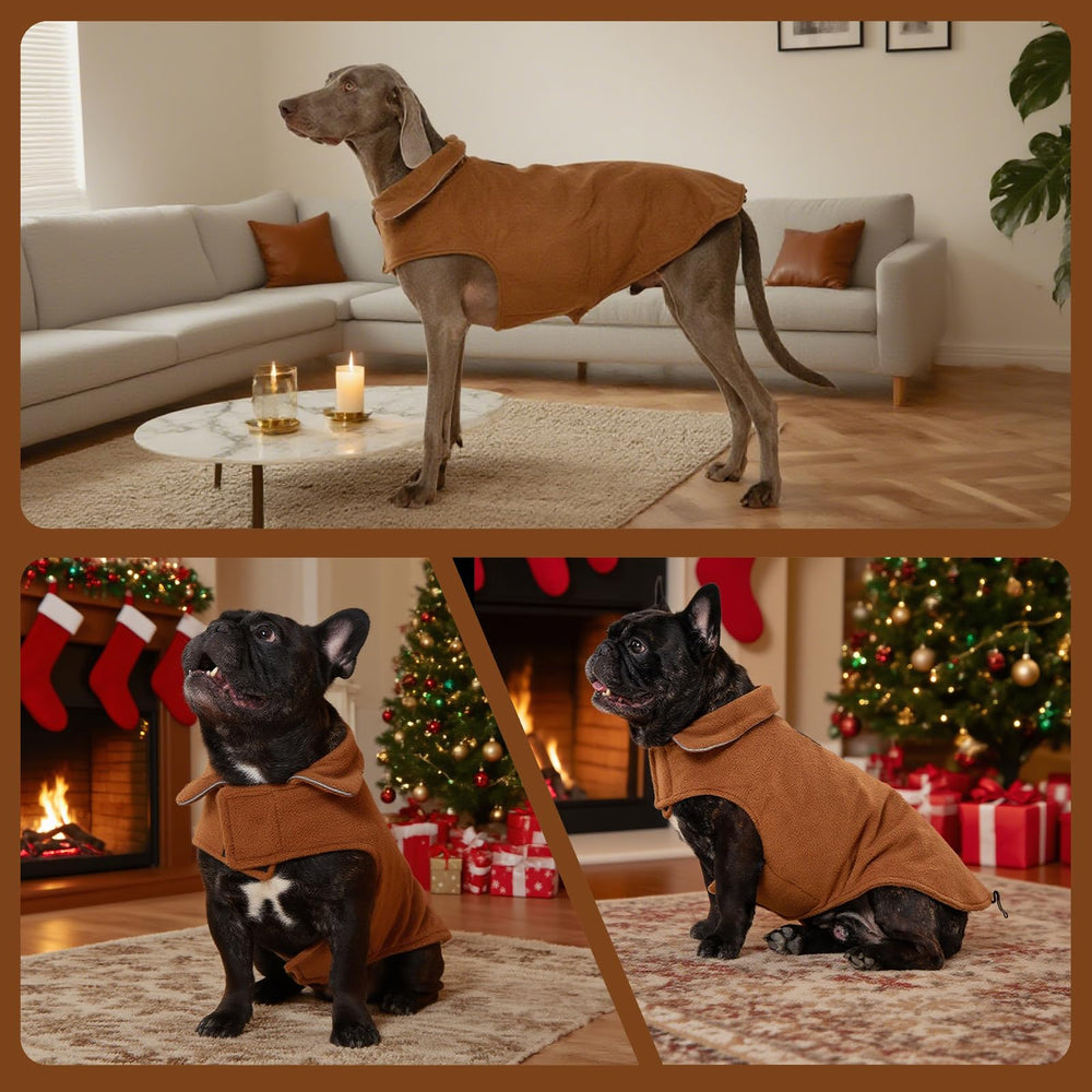 DENTRUN dog winter coat with the turtle neck folded down.