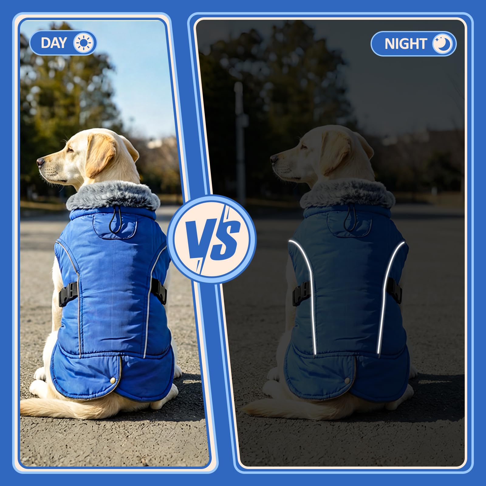 DENTRUN dog winter coat showing the back opening for a harness leash.