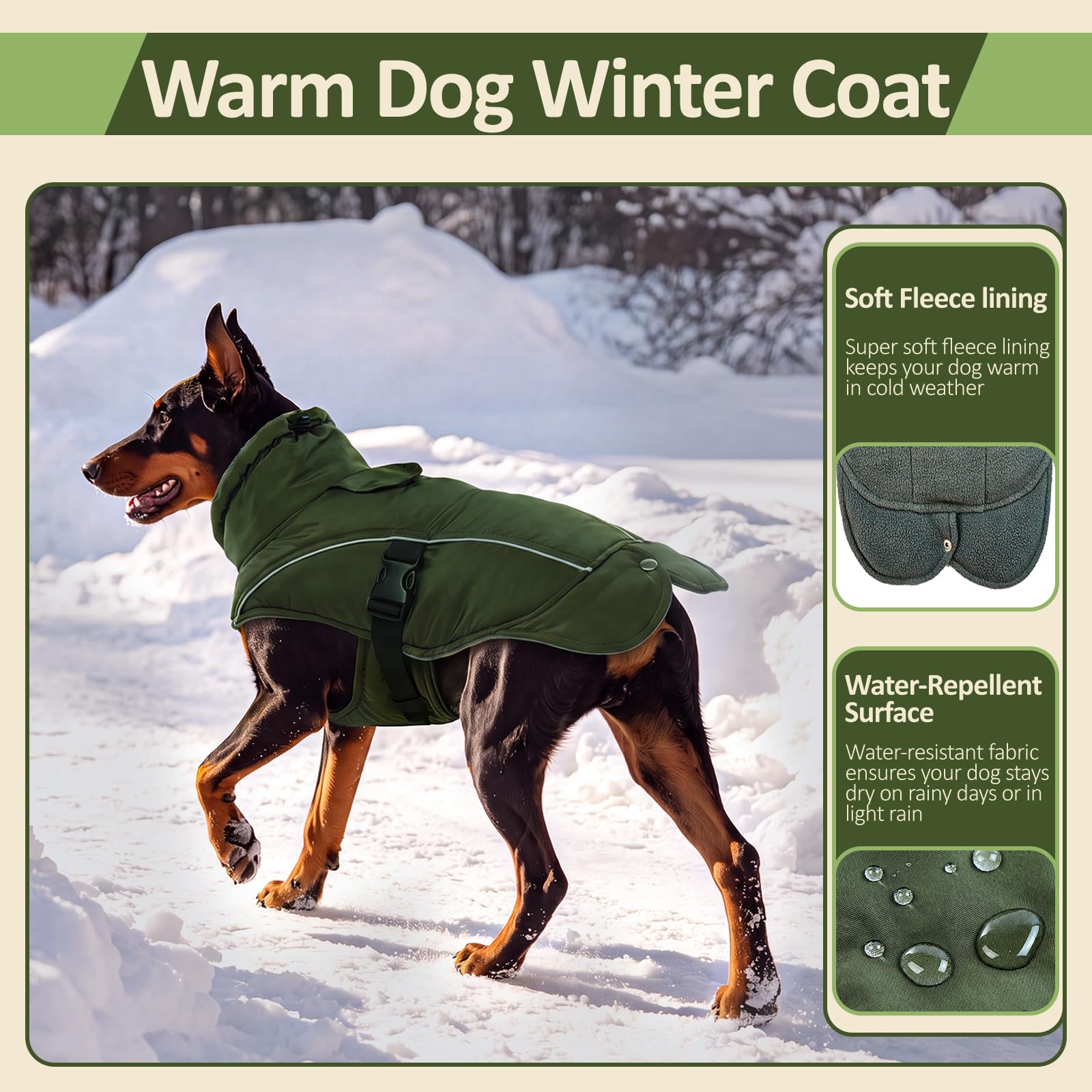 DENTRUN Warm Dog Winter Coat with two reflective strips on the back.