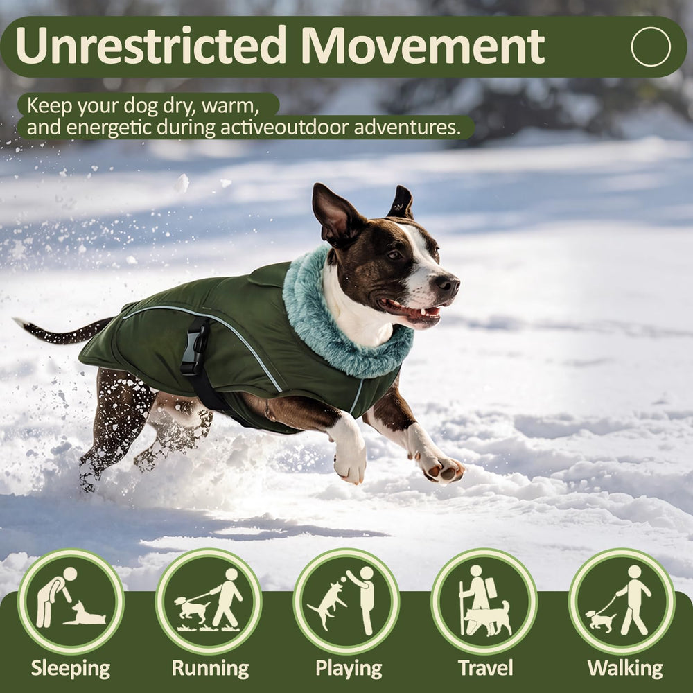 DENTRUN Warm Dog Winter Coat showing the quick-snap chest buckle.