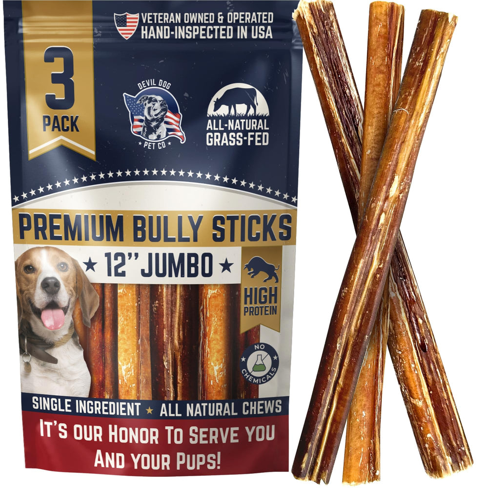 Devil Dog Pet Co bully sticks shown together as a three-pack.