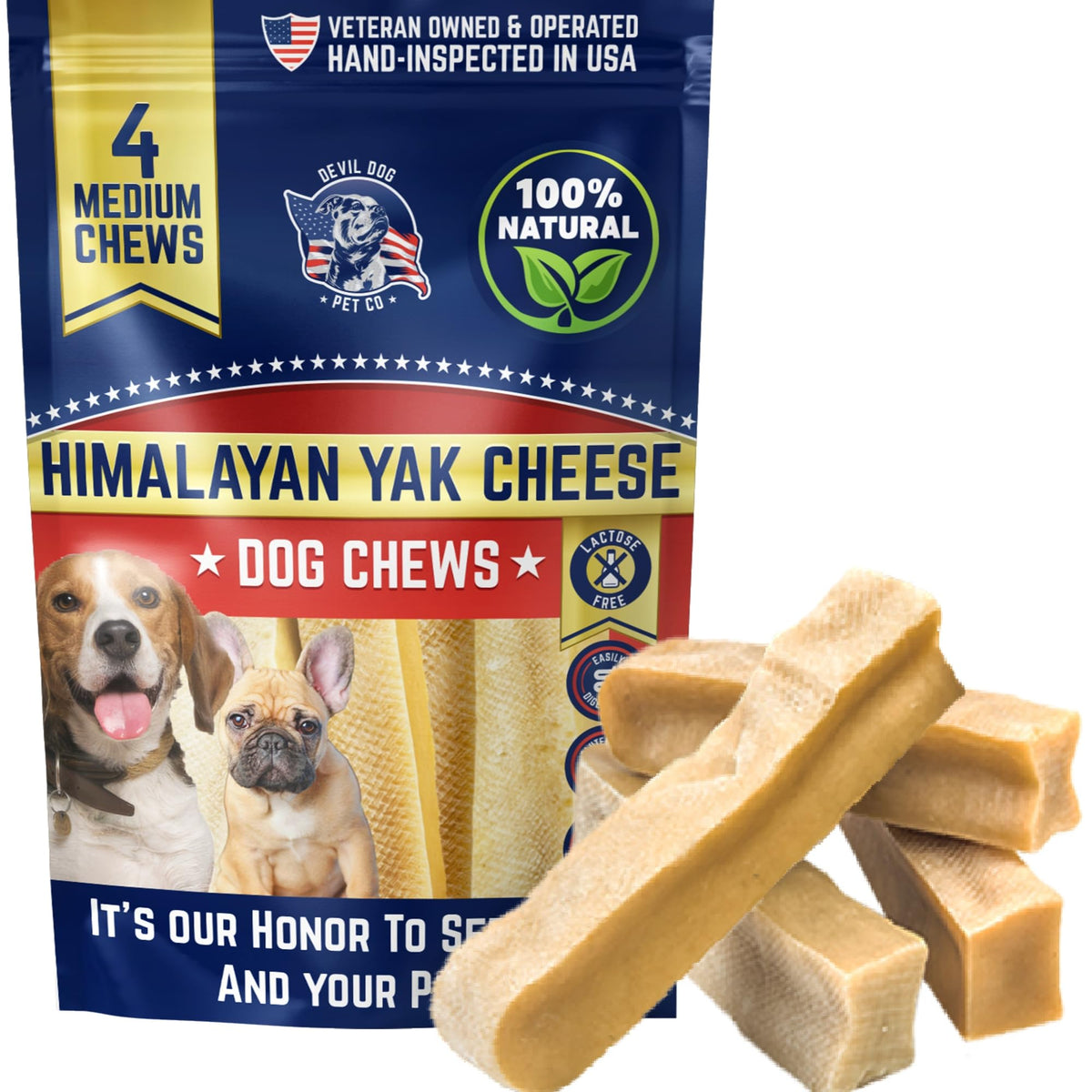 Devil Dog Pet Co Himalayan Yak Chews four-pack presented together.