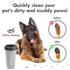 Dexas MudBuster Large dog paw cleaner shown cleaning a dog's paw.