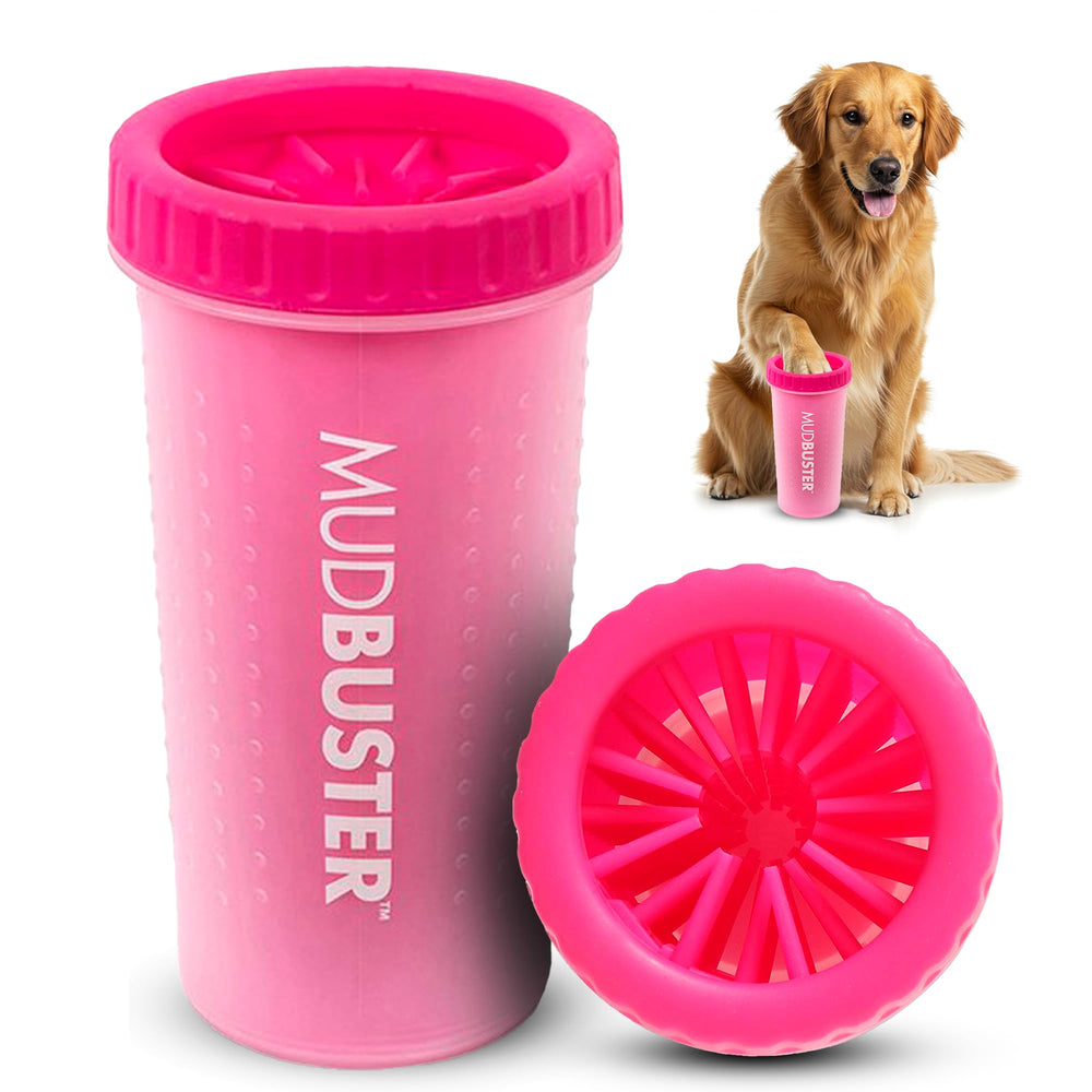 Dexas MudBuster dog paw cleaner shown from the front in pink.