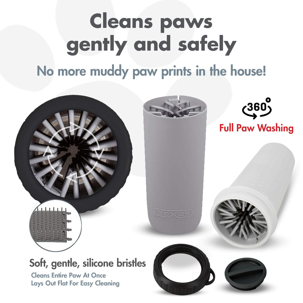 Dexas MudBuster dog paw cleaner shown open to highlight its lidded cup design.