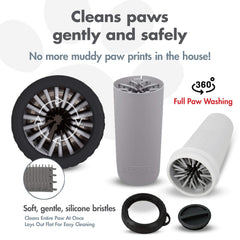 Dexas MudBuster dog paw cleaner shown open to highlight its lidded cup design.