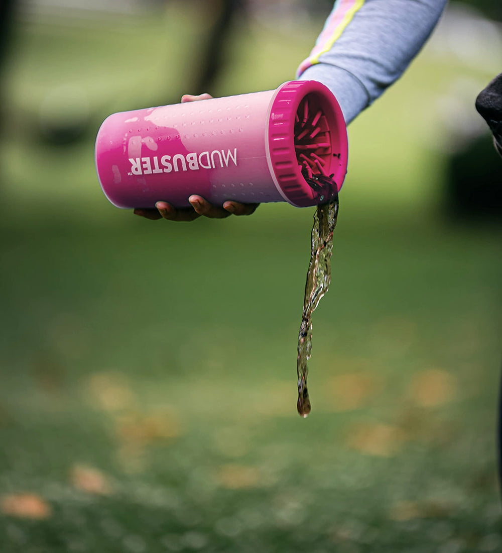 Dexas MudBuster dog paw cleaner shown from an alternate angle in pink.