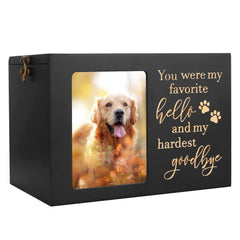 DGDCDV pet memorial urn showing the front photo frame and carved paw prints.