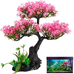 Didiseaon aquarium decor set shown from the front with its pink tree and grass.