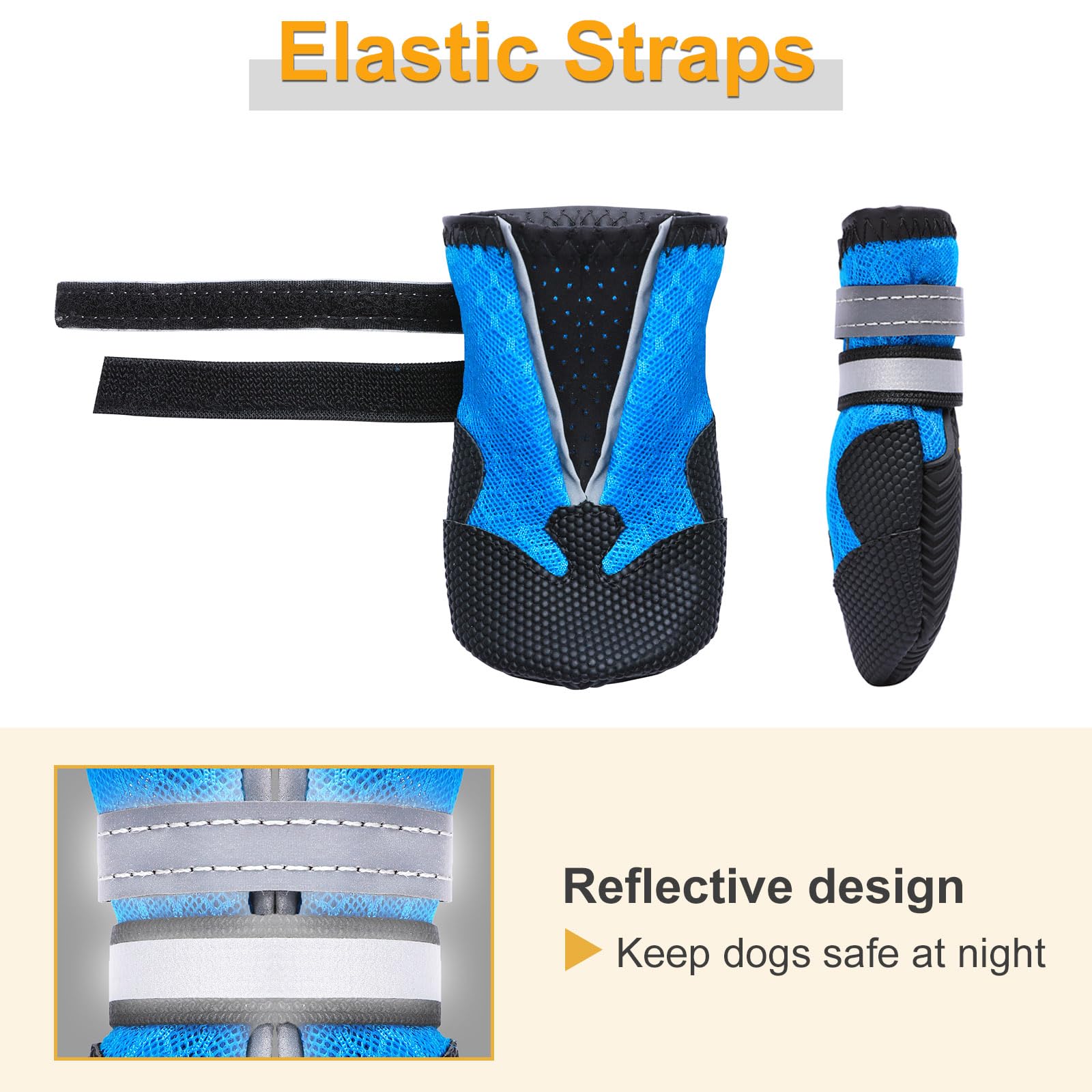 Dimicoo dog boots detail showing an adjustable strap and reflective strip.