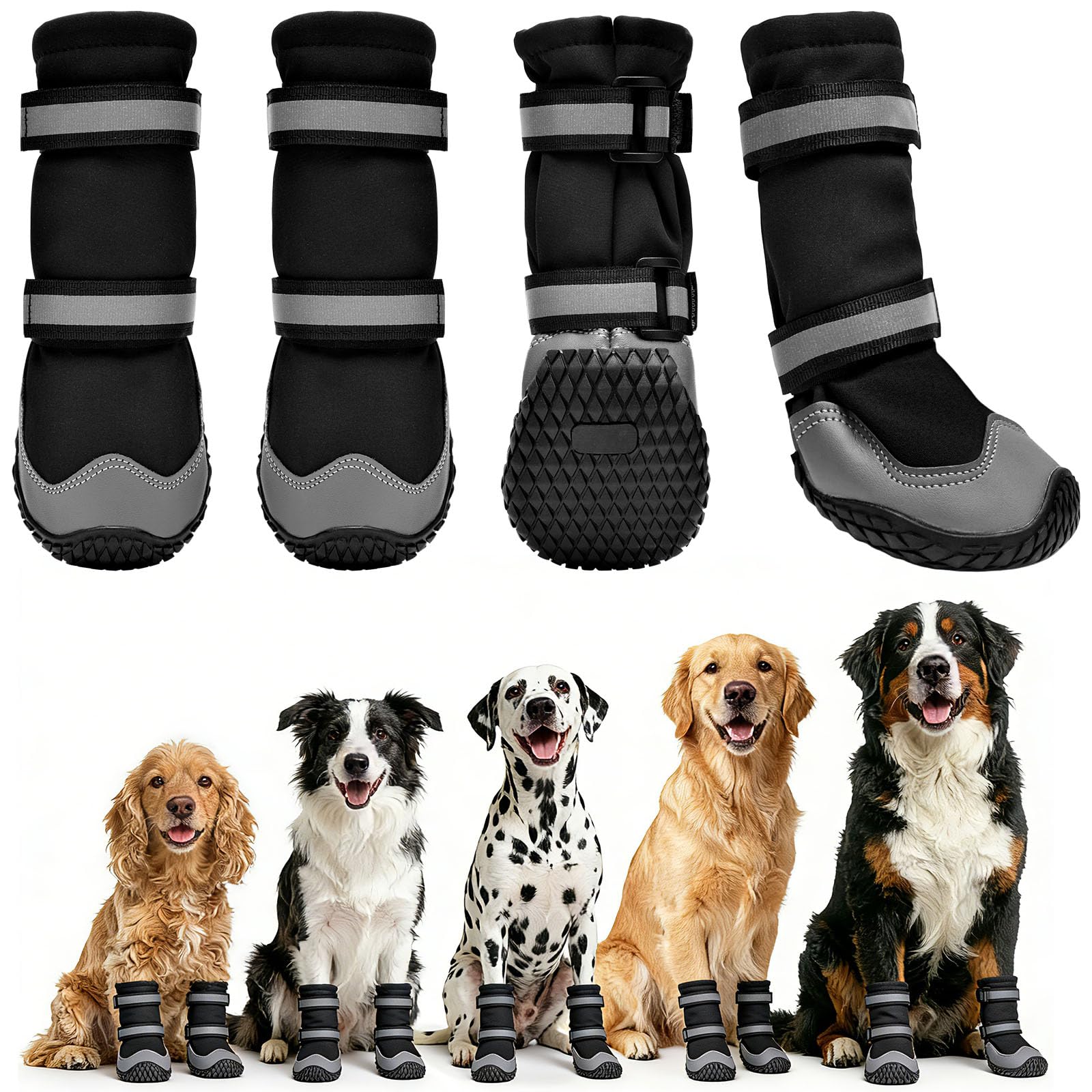 Dimicoo dog boots shown from the front, highlighting their high-top shape.