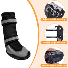Dimicoo dog boots shown with the dual straps and drawstring.