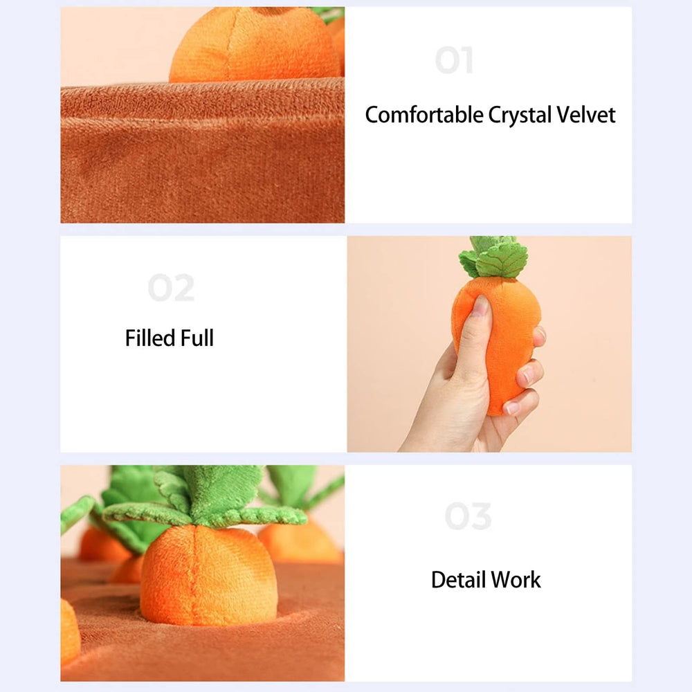DIYGIFF carrot snuffle mat with the plush carrot pieces arranged beside it.