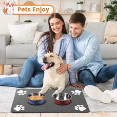 DK177 pet feeding mat covering the floor beneath a feeding area.