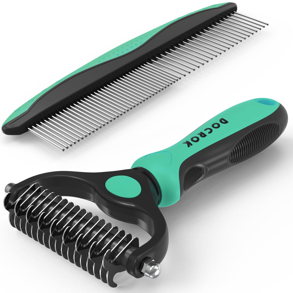 Docrok pet grooming brush and metal comb combo shown from the front.