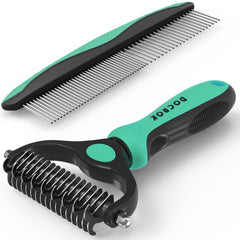 Docrok pet grooming brush and metal comb combo shown from the front.