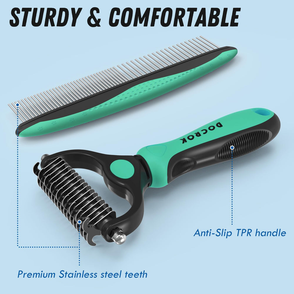 Docrok pet grooming brush and metal comb combo showing the comb's dense side.
