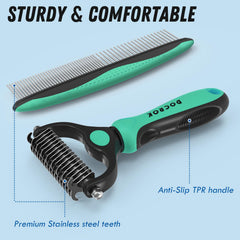 Docrok pet grooming brush and metal comb combo showing the comb's dense side.