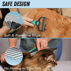 Docrok pet grooming brush and metal comb combo with a close-up of the stainless steel comb teeth.