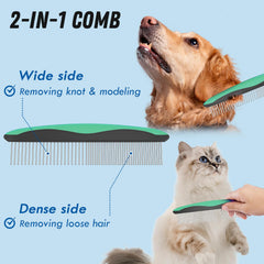 Docrok pet grooming brush and metal comb combo showing the rake's dense side.