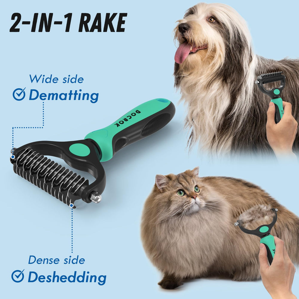 Docrok pet grooming brush and metal comb combo showing the rake's wide side.