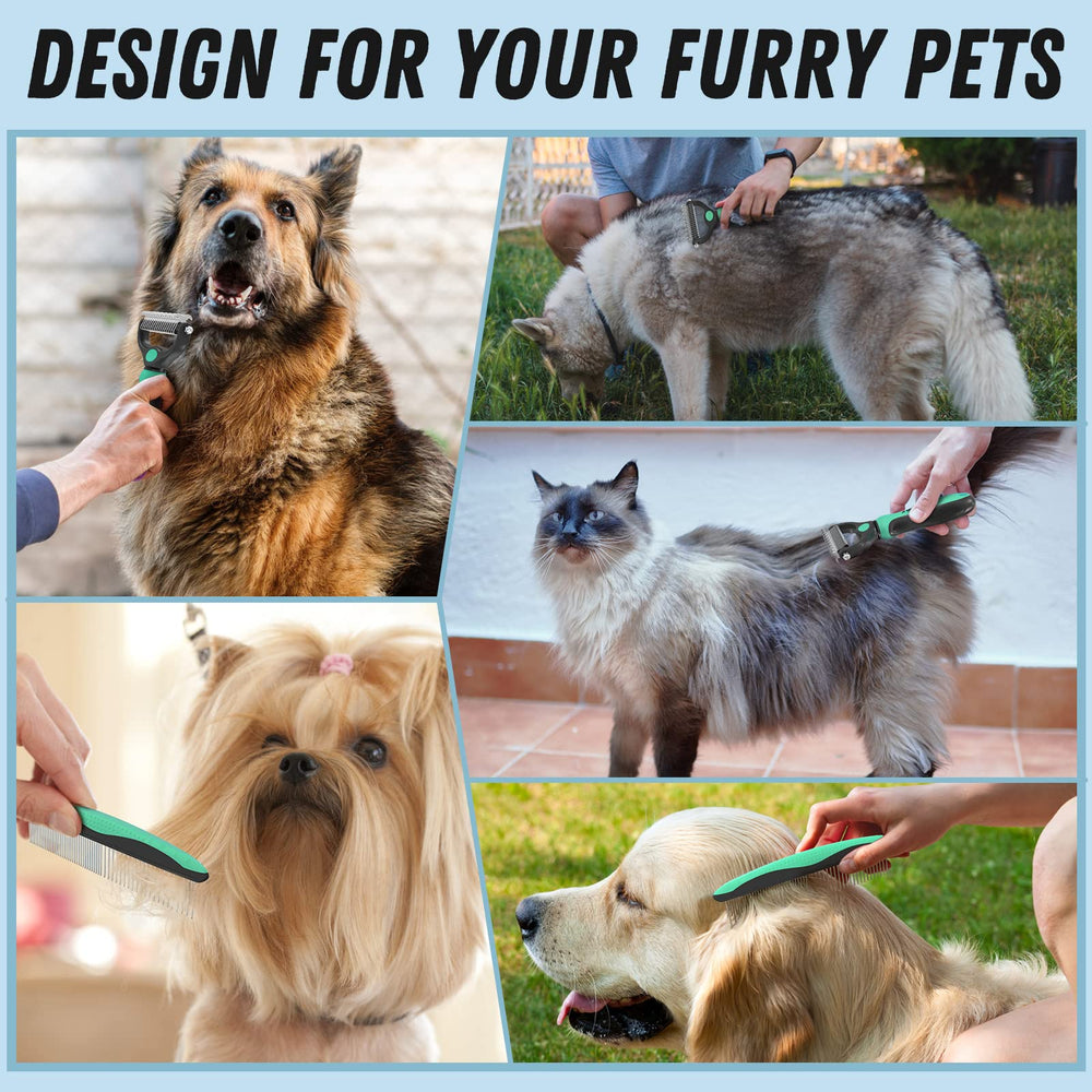 Docrok pet grooming brush and metal comb combo being used to groom a pet.
