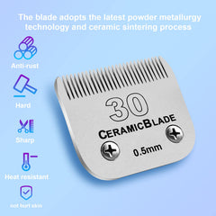 DODAER ceramic pet clipper blade close-up showing the cutting edge.