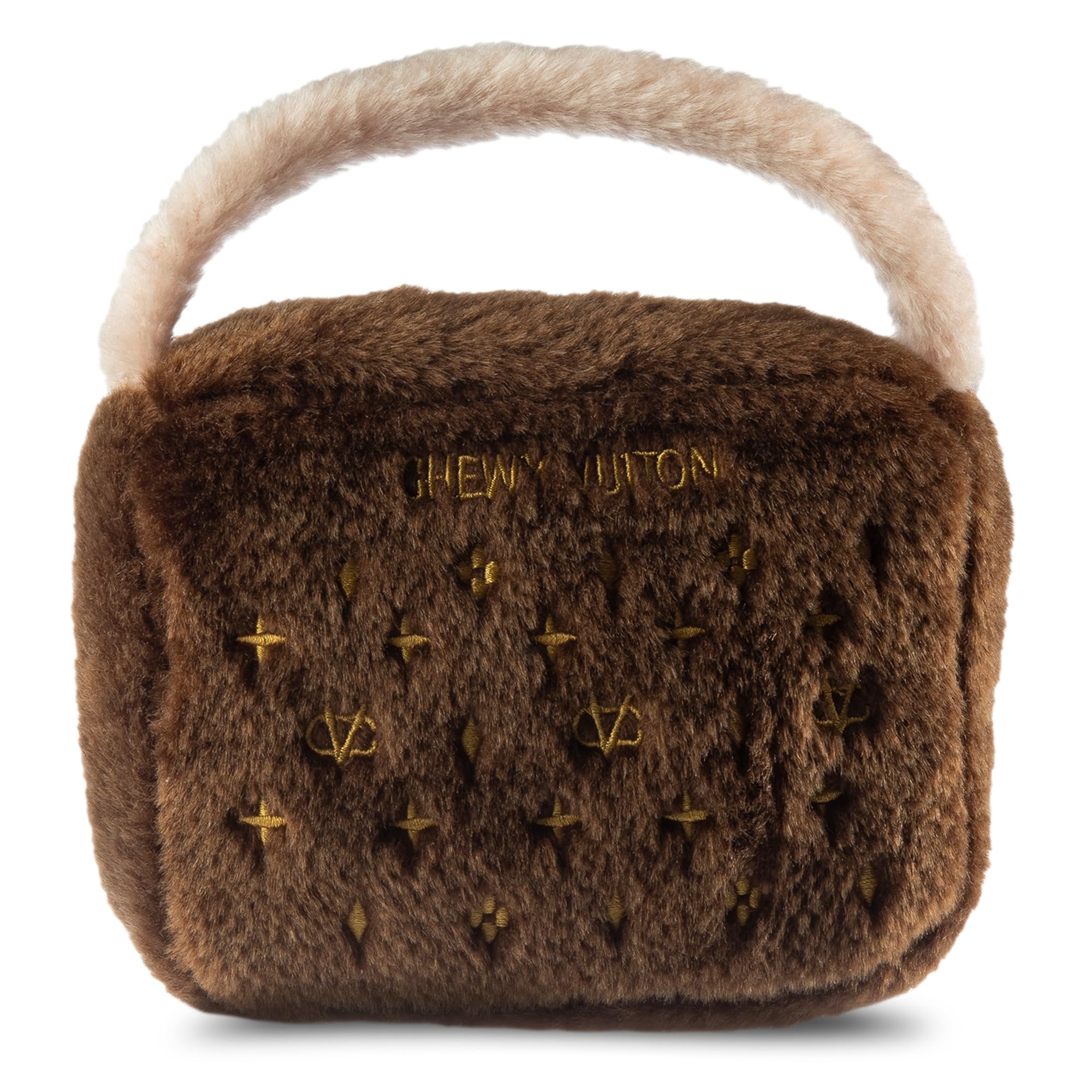 Dog Diggin Designs Chewy Vuiton plush dog toy shown from the front in its purse shape.