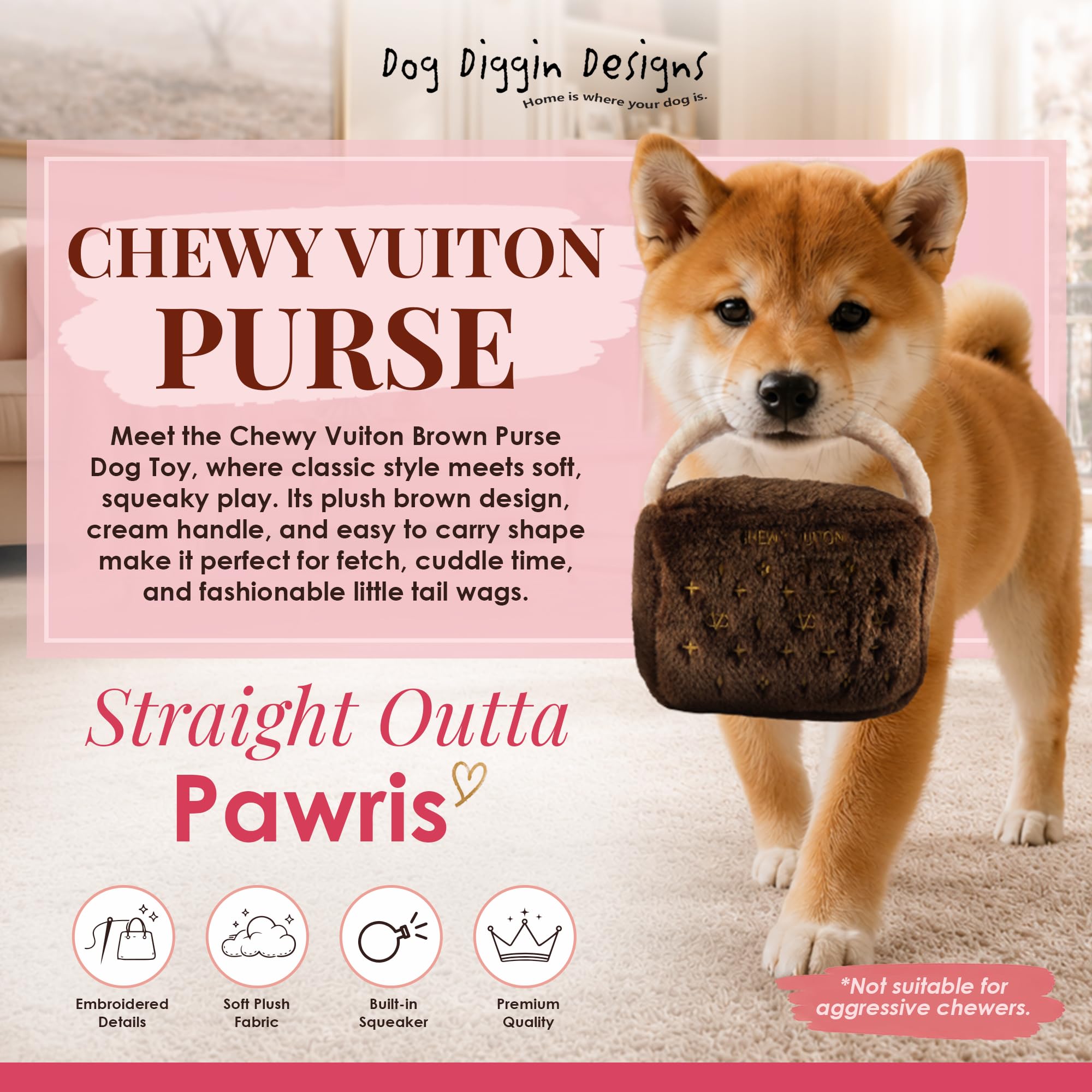 Dog Diggin Designs Chewy Vuiton purse dog toy with its handbag-style handles visible.