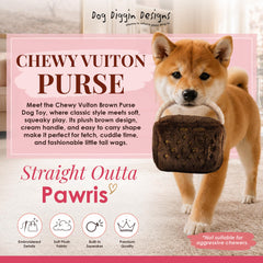 Dog Diggin Designs Chewy Vuiton purse dog toy with its handbag-style handles visible.