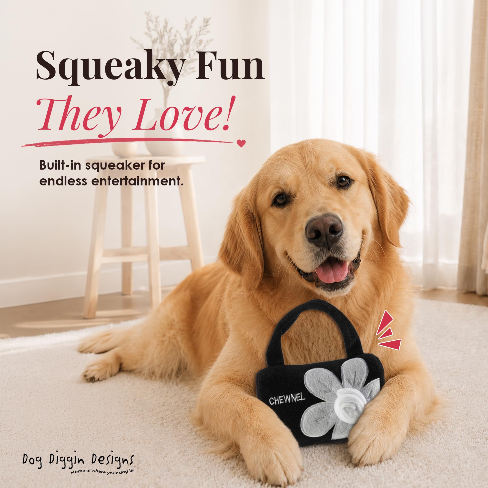 Dog Diggin Designs Chewnel Fleur Blanche plush dog toy shown close up to highlight its appliqué details.