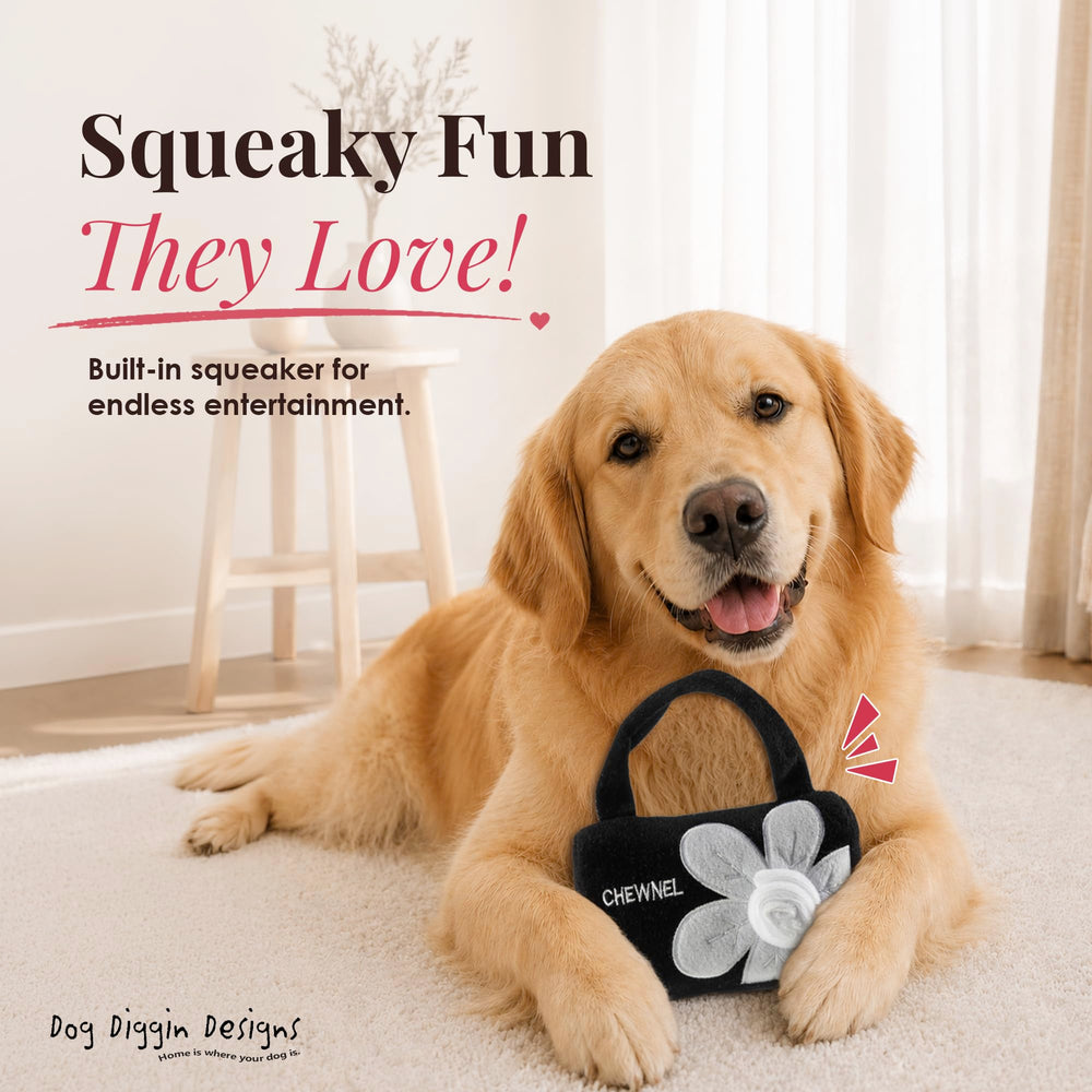 Dog Diggin Designs Chewnel Fleur Blanche plush dog toy shown close up to highlight its appliqué details.