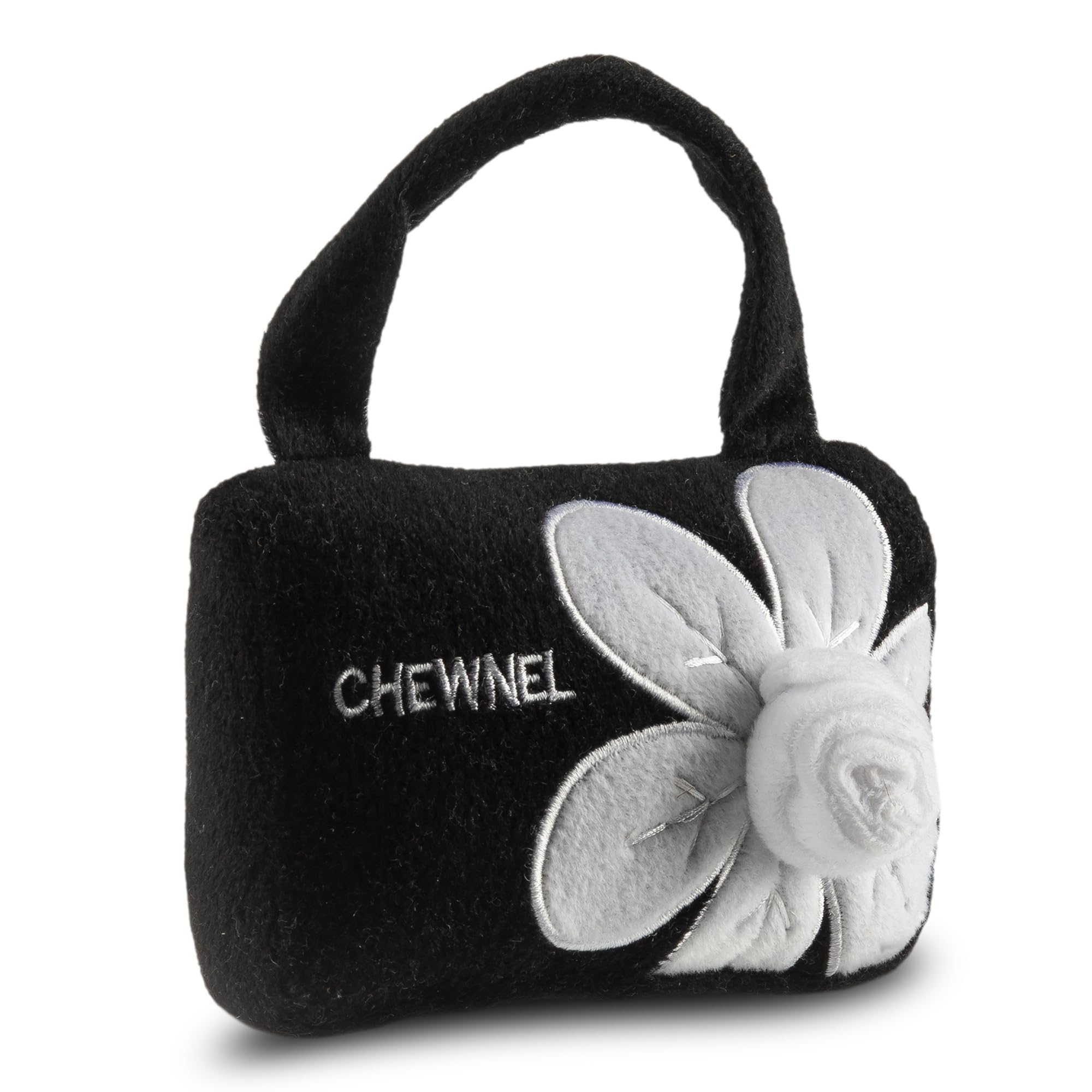 Dog Diggin Designs Chewnel Fleur Blanche plush dog toy shown close up to highlight its floral pattern.