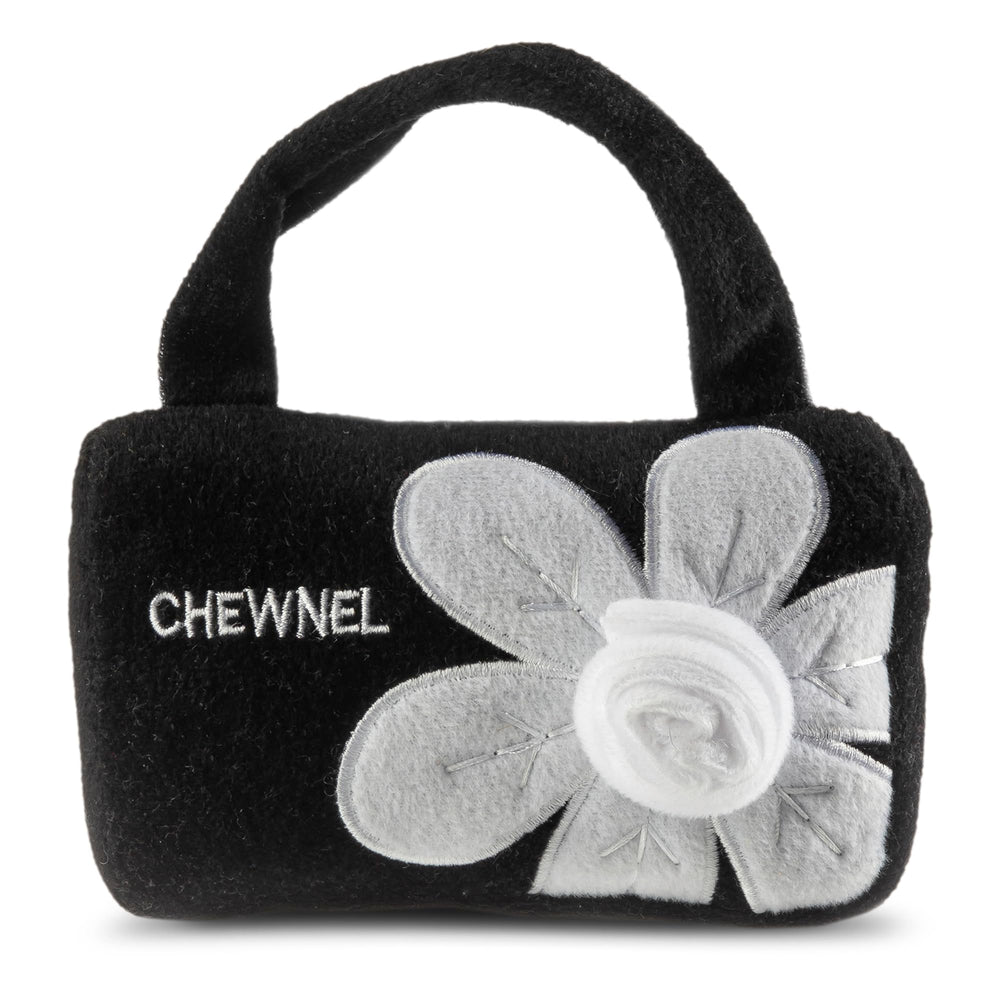 Dog Diggin Designs Chewnel Fleur Blanche plush dog toy shown from the front in its floral handbag shape.