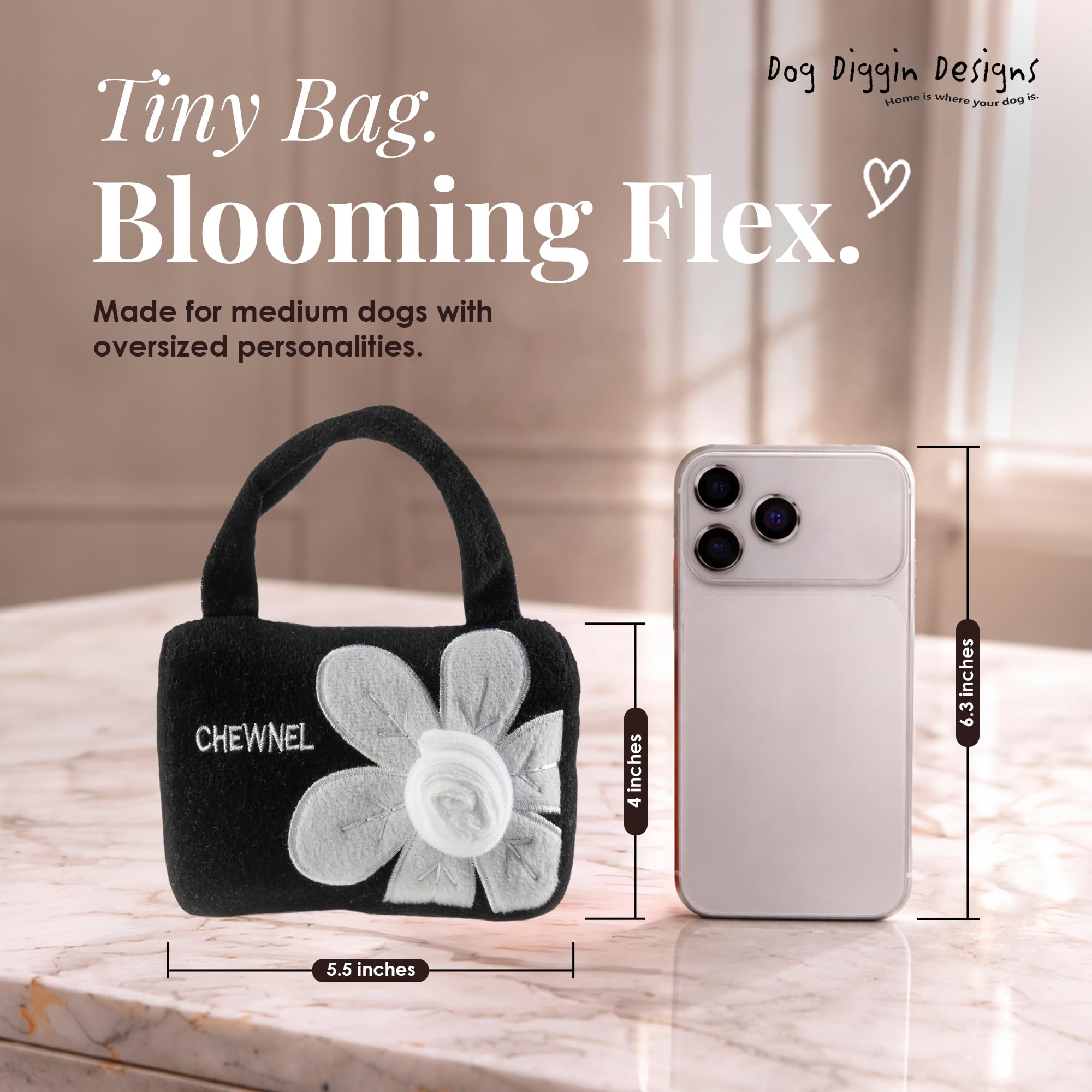 Dog Diggin Designs Chewnel Fleur Blanche plush dog toy shown during play.