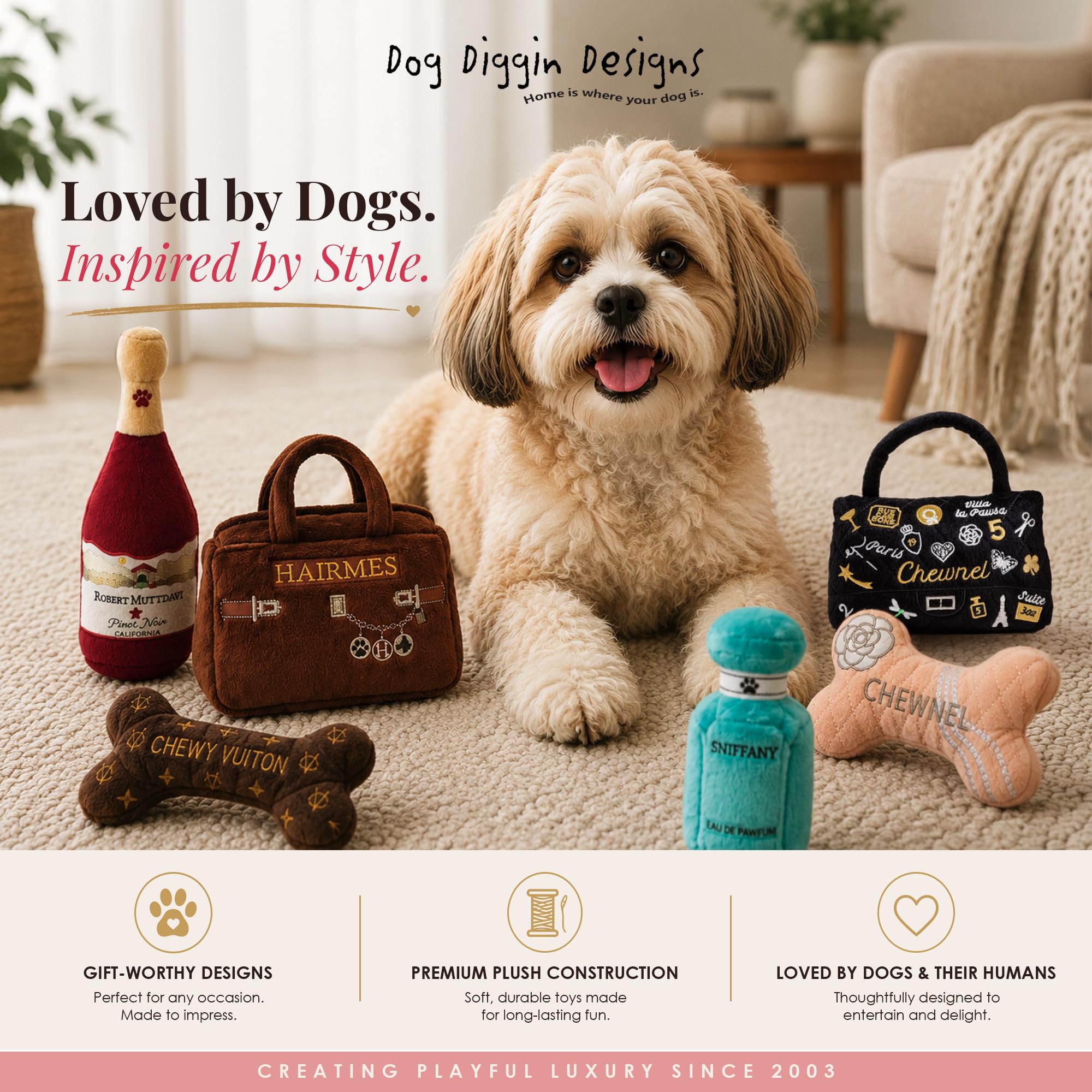 Dog Diggin Designs Chewnel Fleur Blanche plush dog toy shown with its packaging.