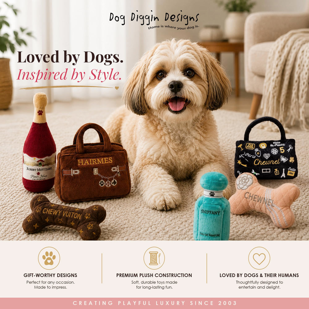 Dog Diggin Designs Chewnel Fleur Blanche plush dog toy shown with its packaging.