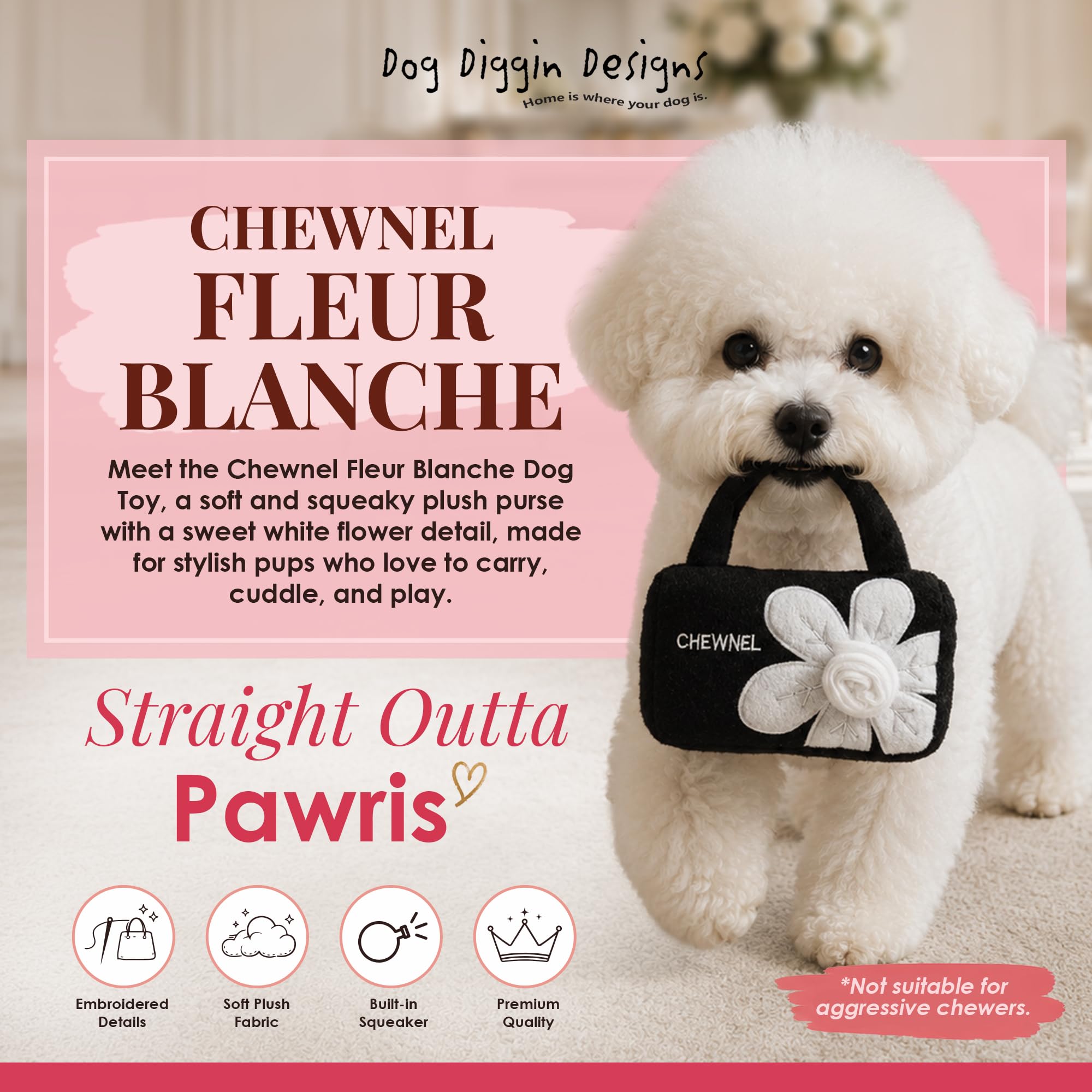 Dog Diggin Designs Chewnel Fleur Blanche plush dog toy shown from the side.