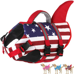 Dogcheer dog life jacket front view showing the US flag design and shark fin.