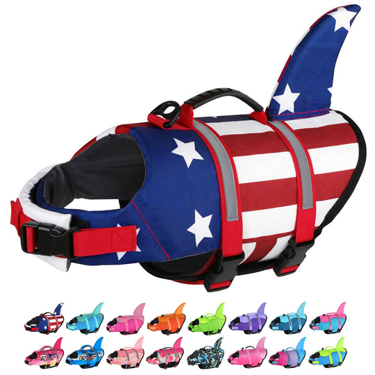 Dogcheer dog life jacket shown from the front with its American-flag design.