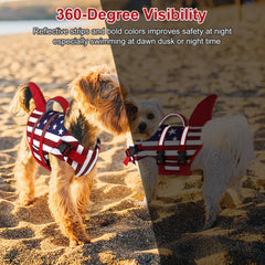 Dogcheer dog life jacket detail showing bright colors and reflective strips.