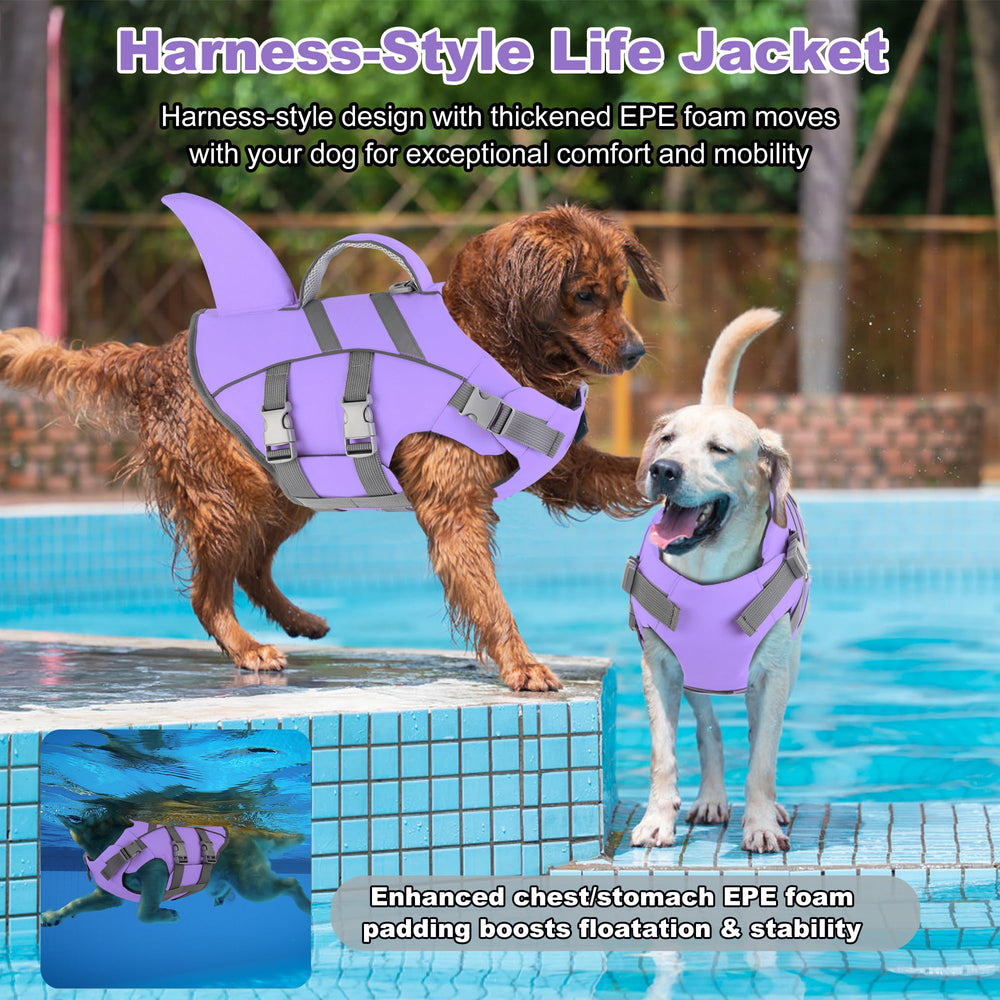 Dogcheer shark dog life jacket with a close view of its fin design.