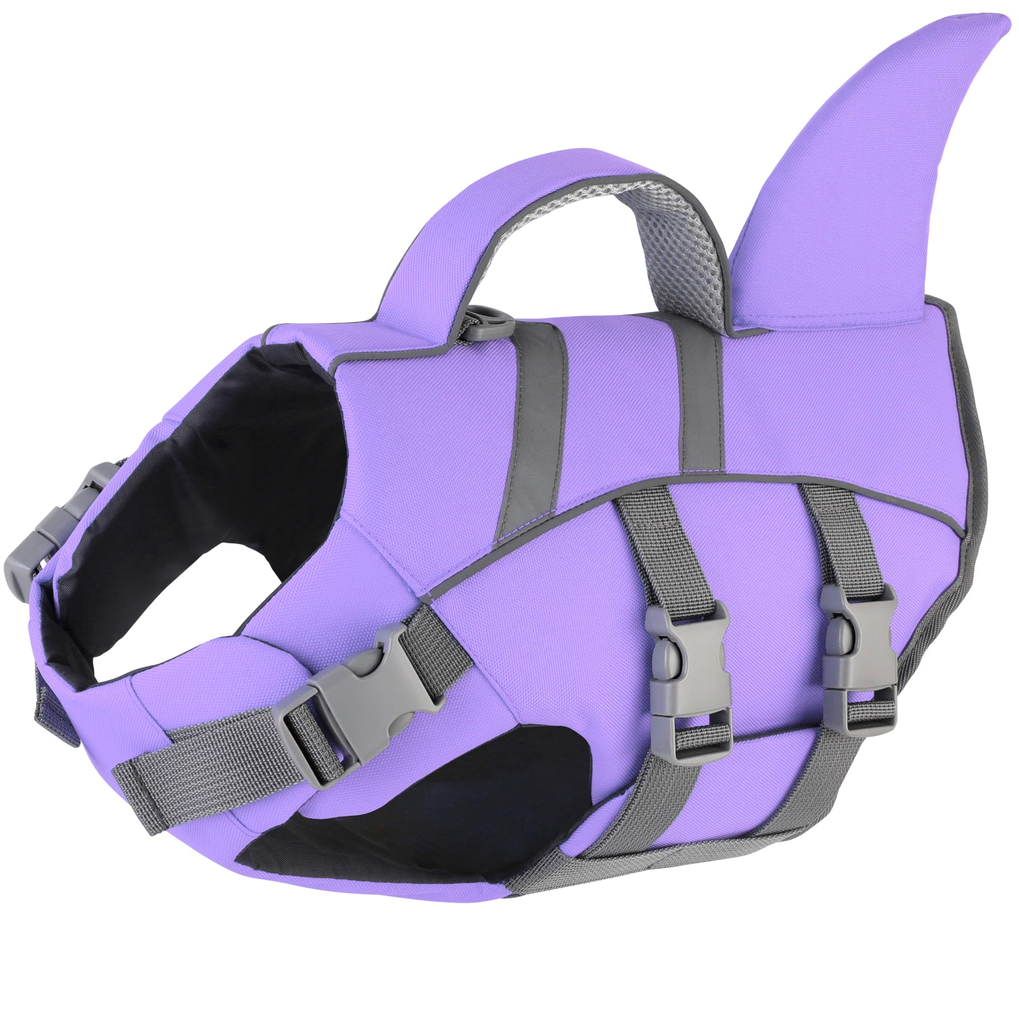 Dogcheer shark dog life jacket shown from the front.