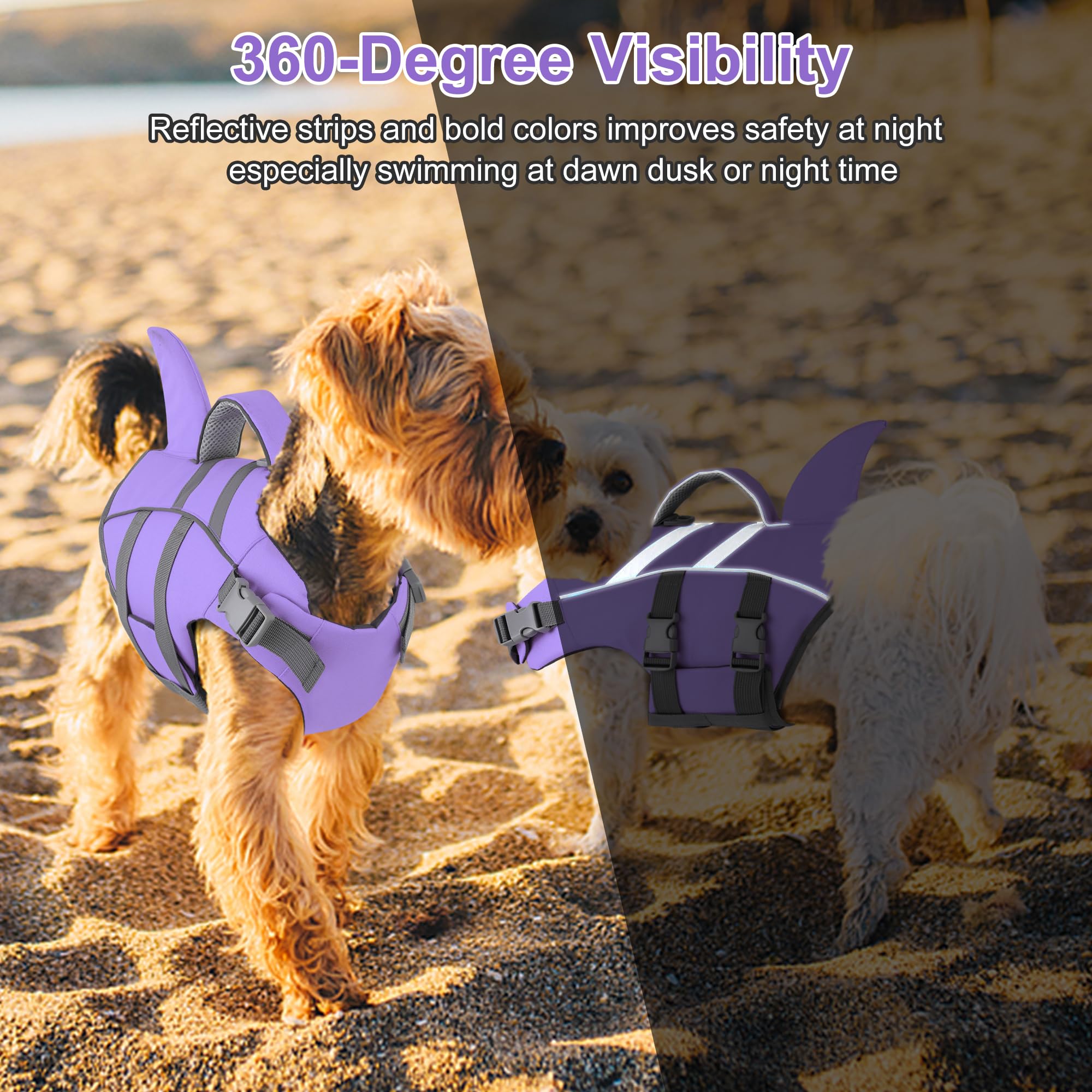 Dogcheer shark dog life jacket showing the D-ring leash attachment.