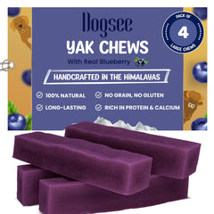 Dogsee yak cheese dental chews shown with the front of the product packaging.
