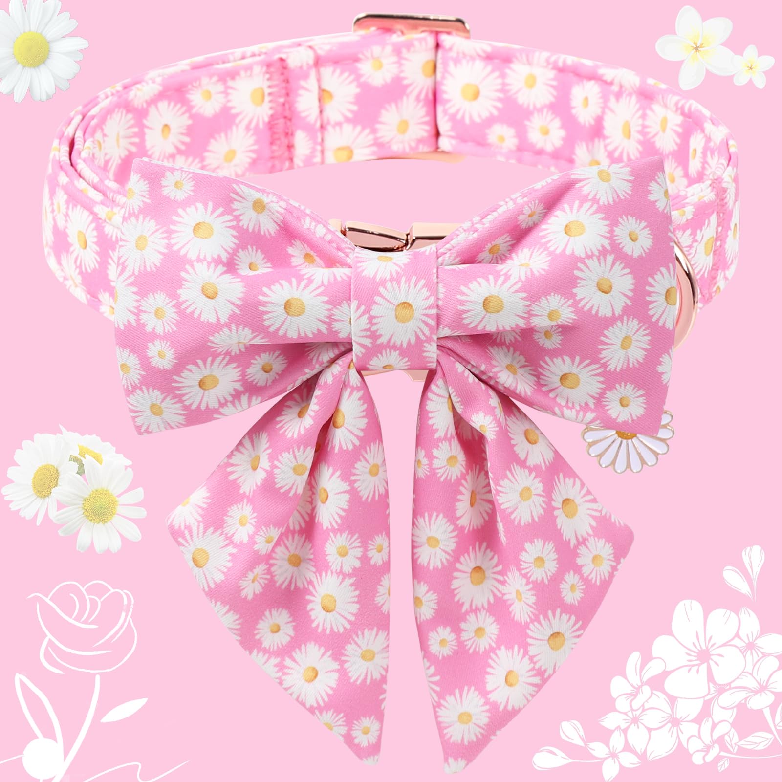 DOGWONG dog collar with a close view of the decorative flower bow.