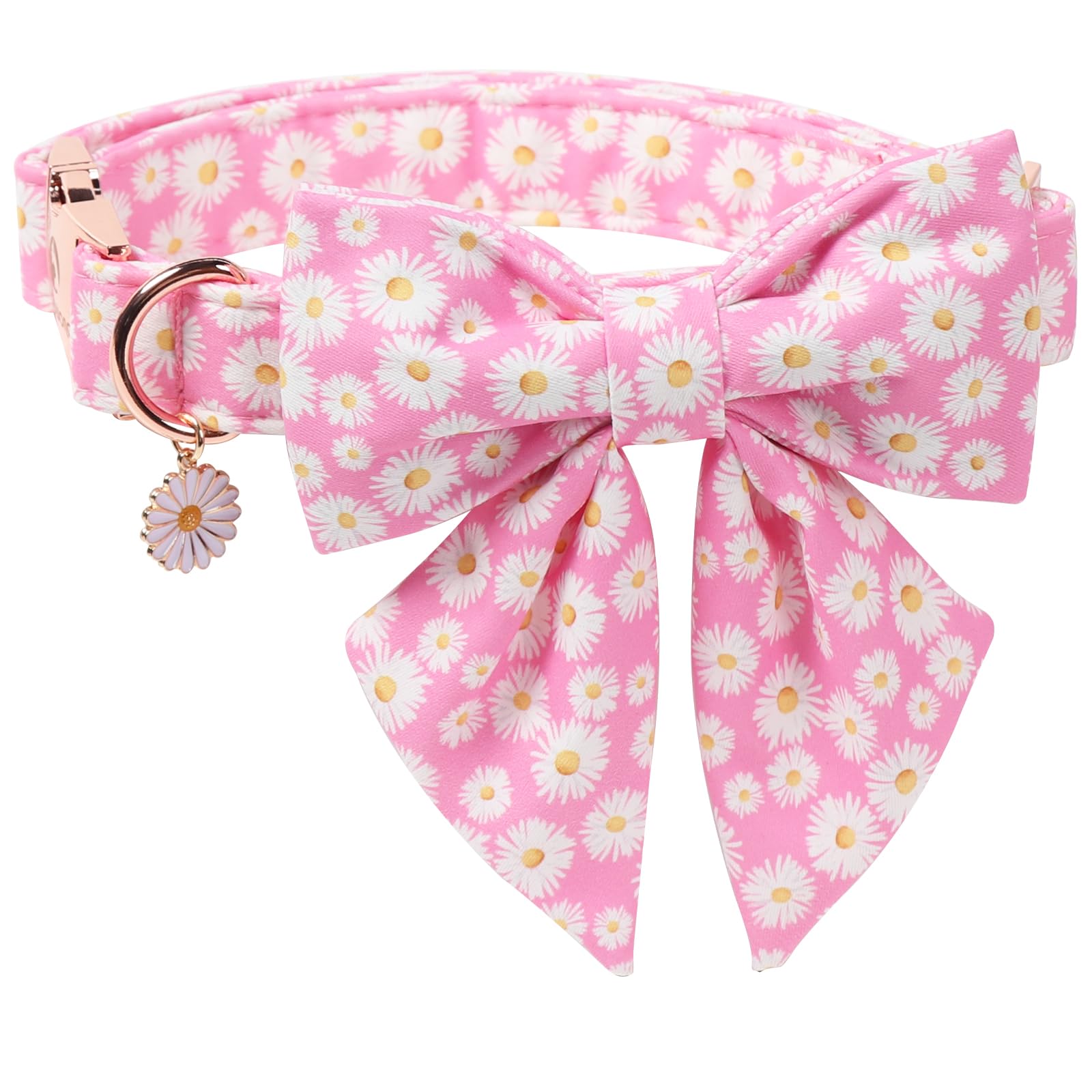 DOGWONG dog collar shown from the front with its pink daisy sailor bow.