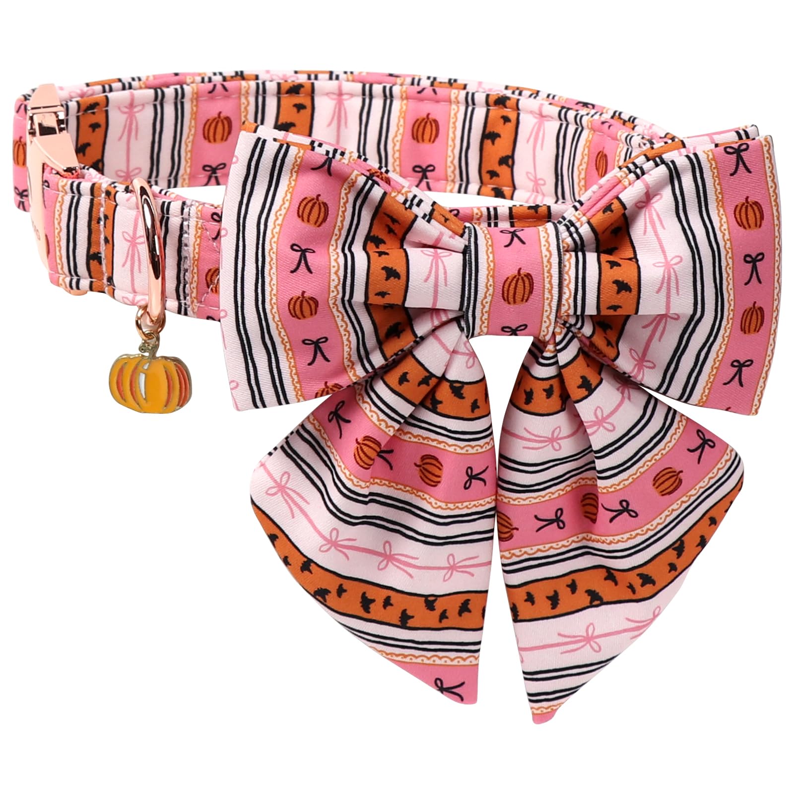 DOGWONG dog collar shown from the front with its orange-pink plaid design and bow.
