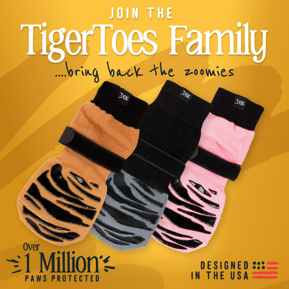 DOK TigerToes dog socks shown for summer paw protection.